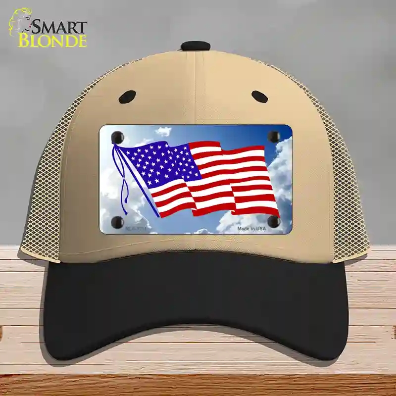 HAT02-MLP-1211 American Flag Cloud Novelty License Plate Hat, Mesh - Khaki & Black