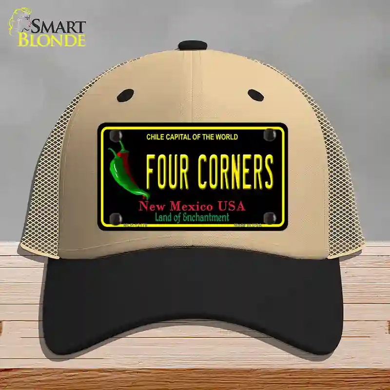 HAT02-MLP-12178 Four Corners   Mexico Black Novelty License Plate Hat, Mesh - Khaki & Black