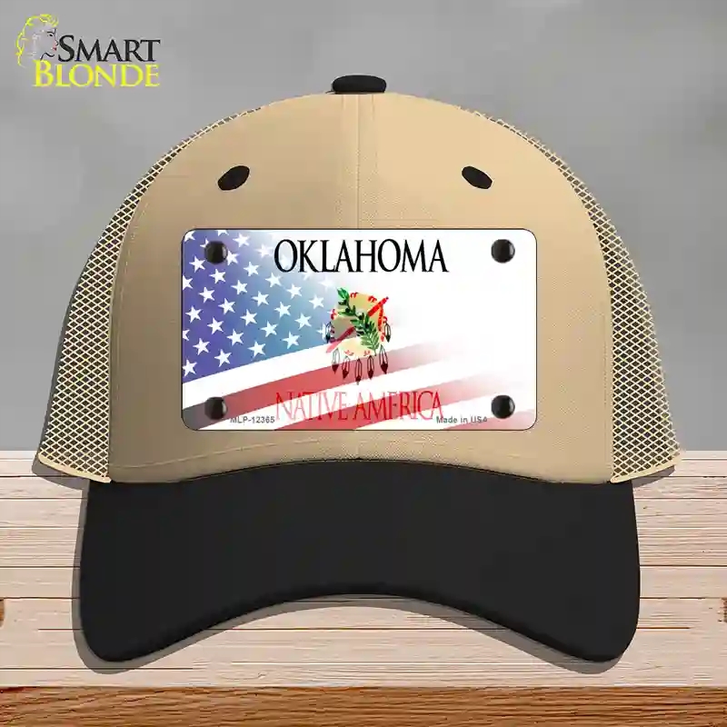HAT02-MLP-12365 Oklahoma with American Flag Novelty License Plate Hat, Mesh - Khaki & Black