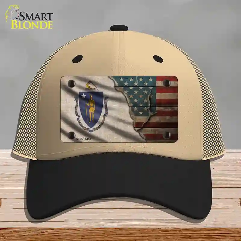 HAT02-MLP-12400 Massachusetts & American Flag Novelty License Plate Hat, Mesh - Khaki & Black