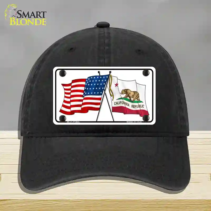 HAT07-MLP-11465 California Crossed US Flag Novelty License Plate Hat, Unconstructed Cotton - Black