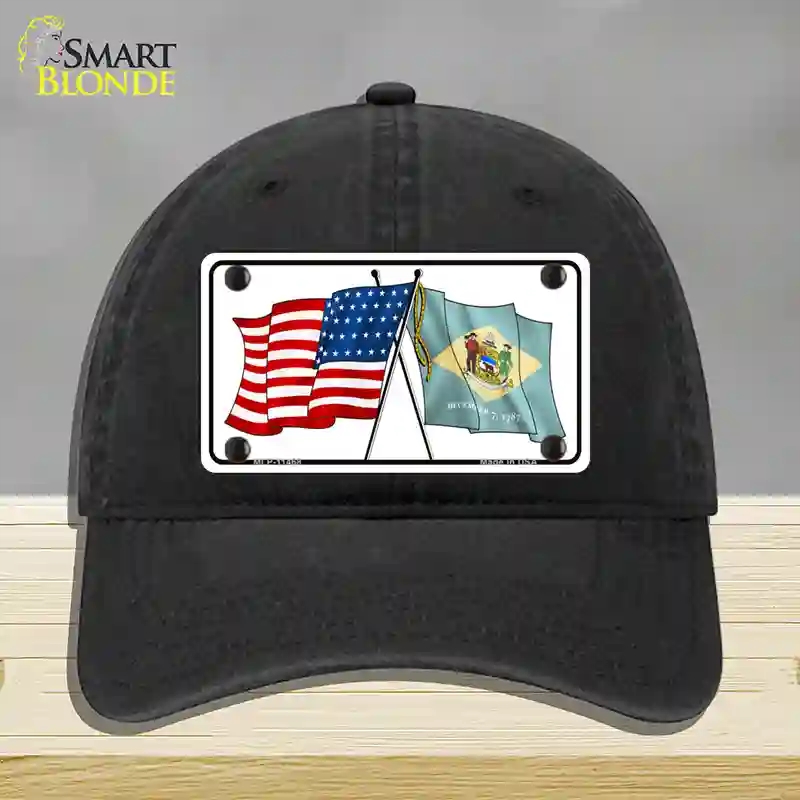 HAT07-MLP-11468 Delaware Crossed US Flag Novelty License Plate Hat, Unconstructed Cotton - Black