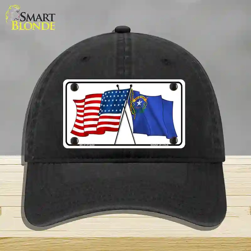 HAT07-MLP-11488 Nevada Crossed US Flag Novelty License Plate Hat, Unconstructed Cotton - Black
