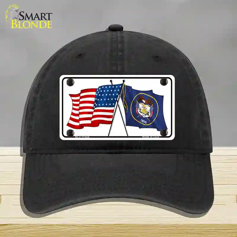 HAT07-MLP-11504 Utah Crossed US Flag Novelty License Plate Hat, Unconstructed Cotton - Black