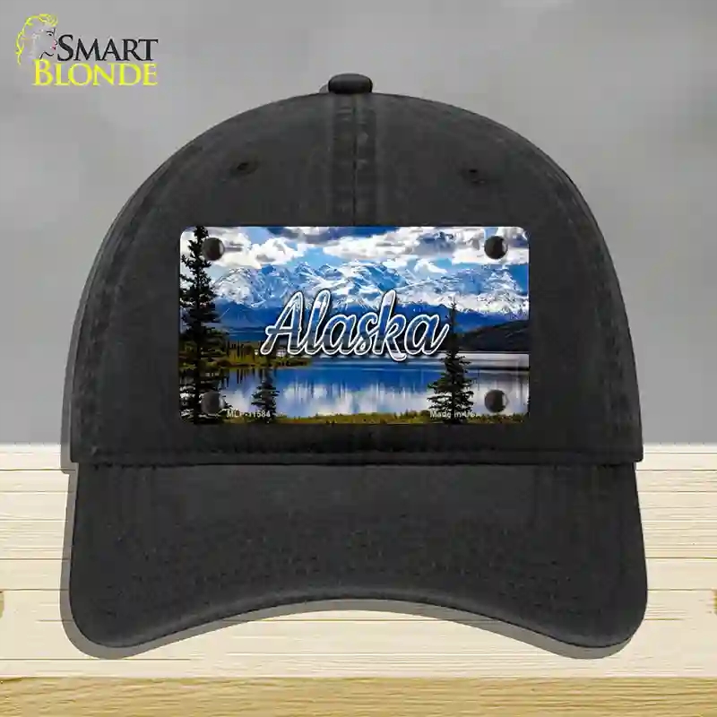 HAT07-MLP-11584 Alaska Snowy Mountains State Novelty License Plate Hat, Unconstructed Cotton - Black