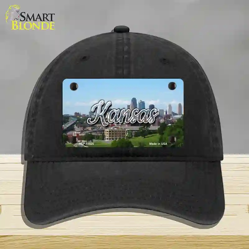 HAT07-MLP-11600 Kansas Downtown Skyline State Novelty License Plate Hat, Unconstructed Cotton - Black