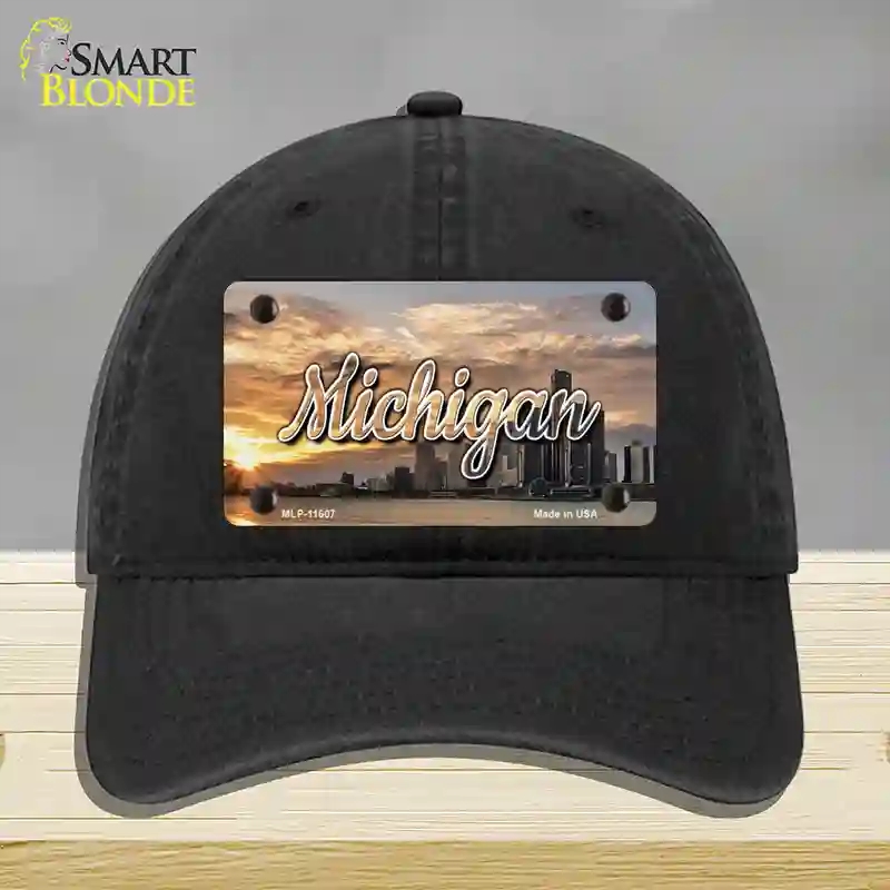 HAT07-MLP-11607 Michigan City Sunset State Novelty License Plate Hat, Unconstructed Cotton - Black