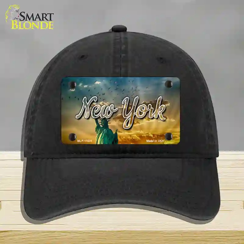 HAT07-MLP-11620   York Lady Liberty Skyline State Novelty License Plate Hat, Unconstructed Cotton - Black