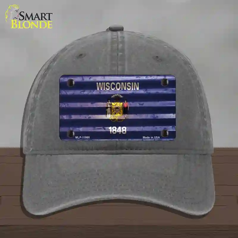 HAT08-MLP-11990 Wisconsin Corrugated Flag Novelty License Plate Hat, Unconstructed Cotton - Charcoal