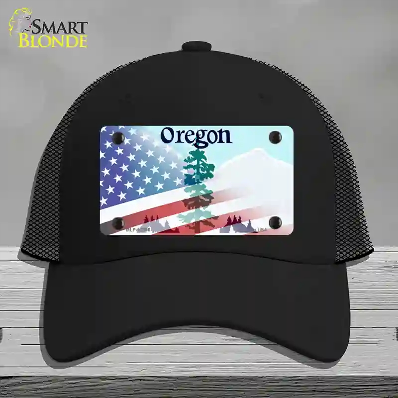 HAT01-MLP-12366 Oregon with American Flag Novelty License Plate Hat, Mesh - Black