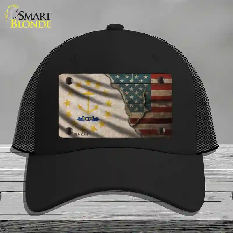 HAT01-MLP-12418 Rhode Island & American Flag Novelty License Plate Hat, Mesh - Black