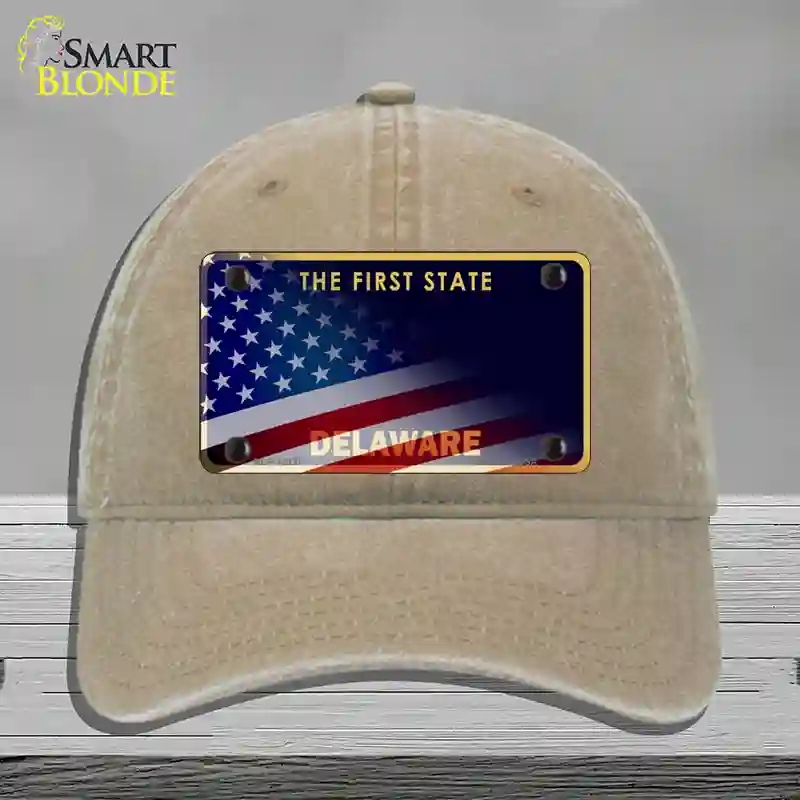 HAT09-MLP-12337 Delaware with American Flag Novelty License Plate Hat, Unconstructed Cotton - Khaki