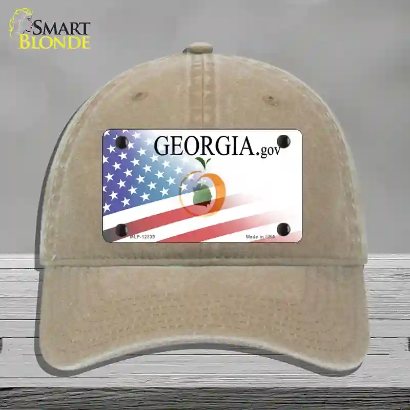 HAT09-MLP-12339 Georgia with American Flag Novelty License Plate Hat, Unconstructed Cotton - Khaki
