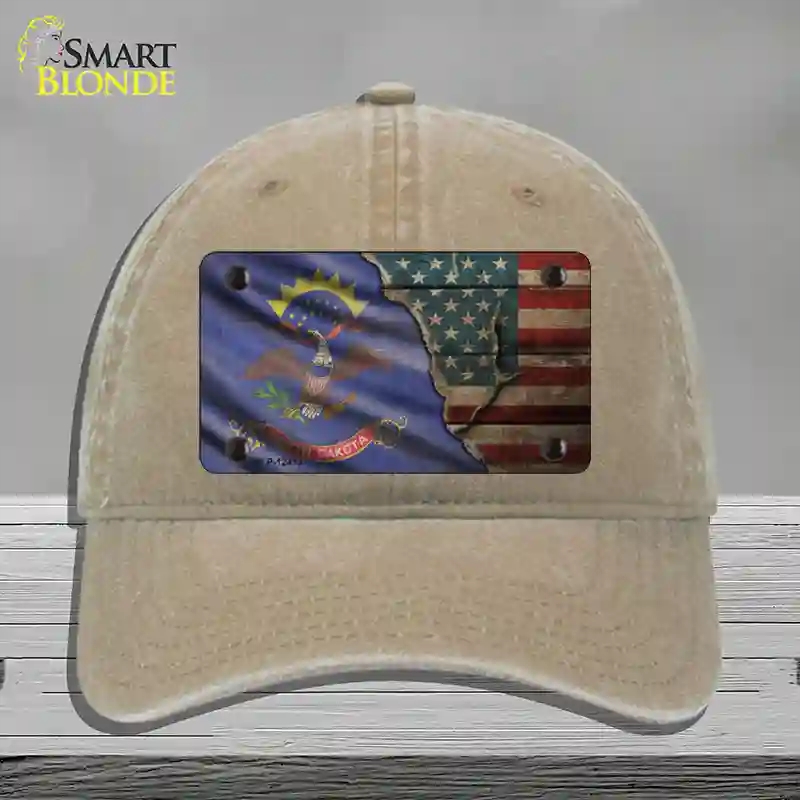 HAT09-MLP-12413 North Dakota & American Flag Novelty License Plate Hat, Unconstructed Cotton - Khaki