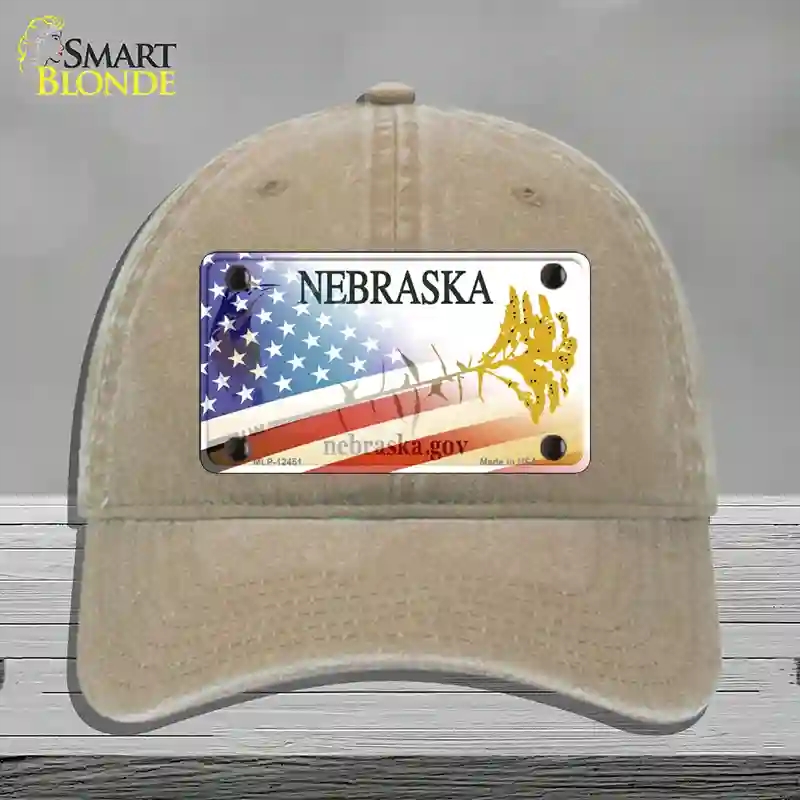HAT09-MLP-12451 Nebraska American Flag Novelty License Plate Hat, Unconstructed Cotton - Khaki