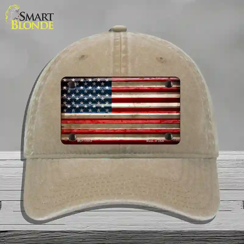 HAT09-MLP-11812 American Flag Corrugated Novelty License Plate Hat, Unconstructed Cotton - Khaki