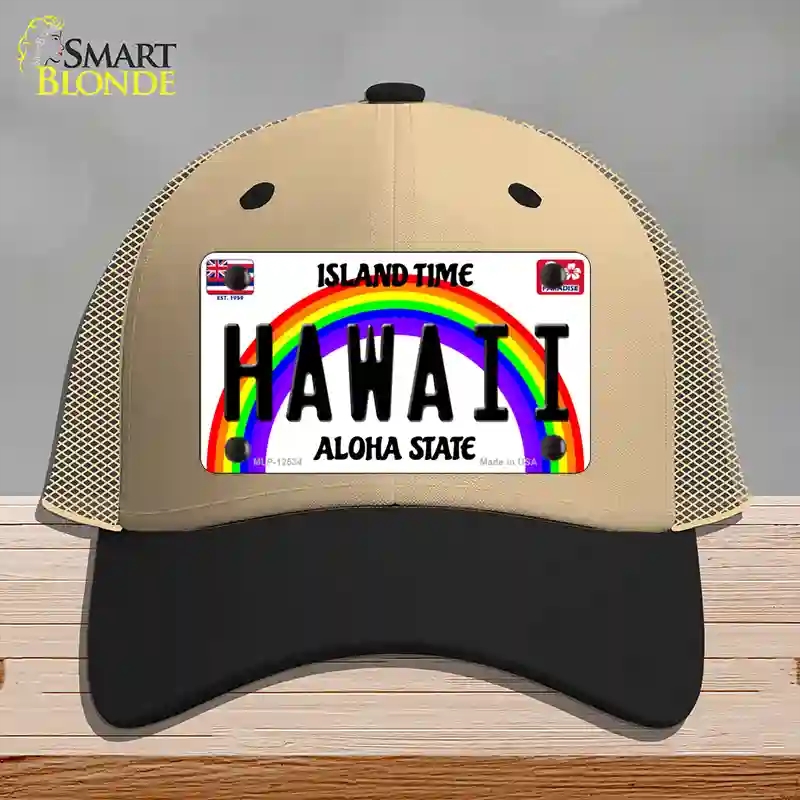 HAT02-MLP-12534 Hawaii Novelty License Plate Hat, Mesh - Khaki & Black