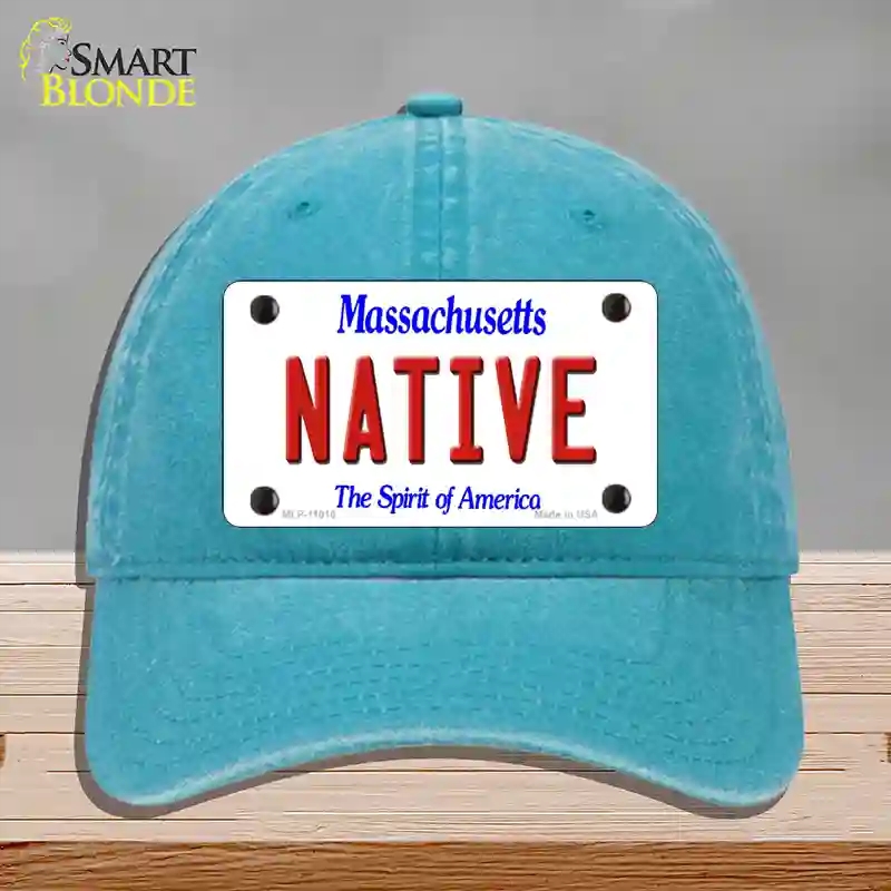 HAT10-MLP-11010 Native Massachusetts Novelty License Plate Hat, Unconstructed Cotton - Lake Blue