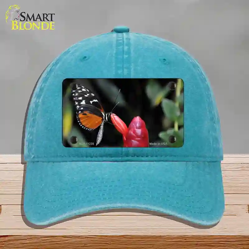 HAT10-MLP-11235 Butterfly on Red Flower Novelty License Plate Hat, Unconstructed Cotton - Lake Blue