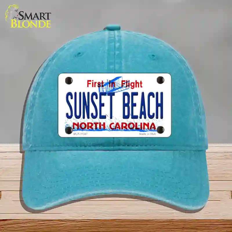 HAT10-MLP-11247 Sunset Beach North Carolina State Novelty License Plate Hat, Unconstructed Cotton - Lake Blue