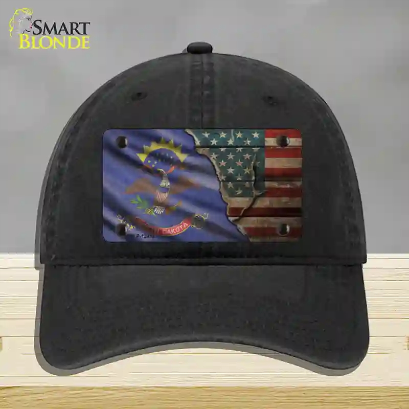 HAT07-MLP-12413 North Dakota & American Flag Novelty License Plate Hat, Unconstructed Cotton - Black