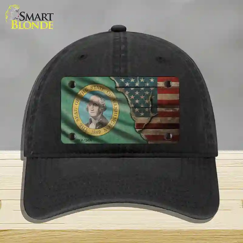 HAT07-MLP-12426 Washington & American Flag Novelty License Plate Hat, Unconstructed Cotton - Black