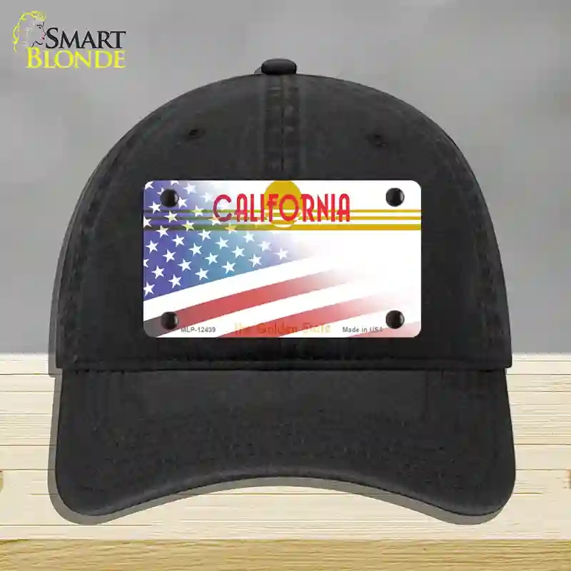HAT07-MLP-12439 California Golden with American Flag Novelty License Plate Hat, Unconstructed Cotton - Black