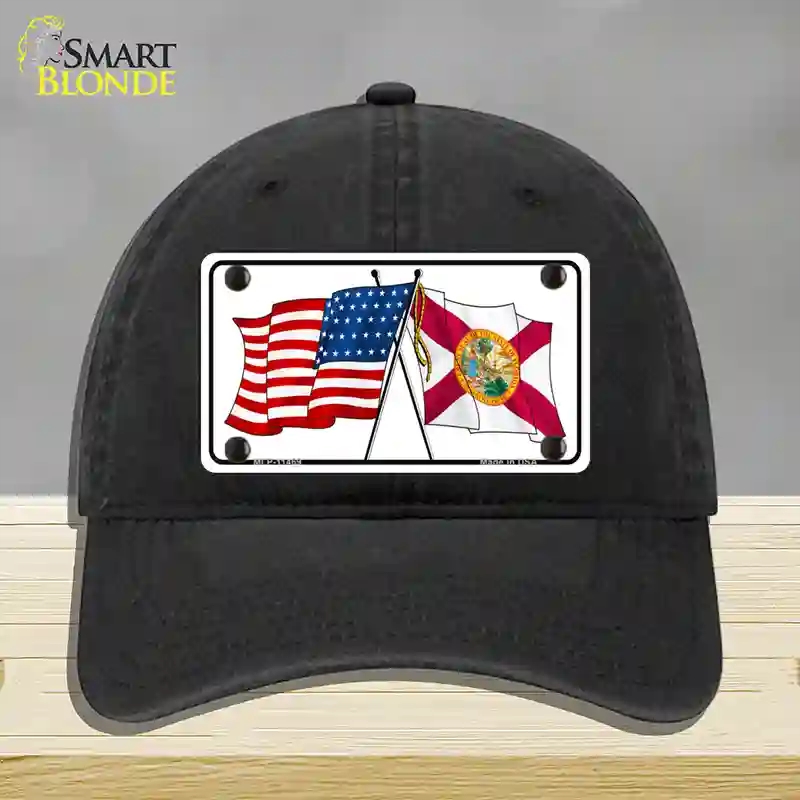 HAT07-MLP-11469 Florida Crossed US Flag Novelty License Plate Hat, Unconstructed Cotton - Black