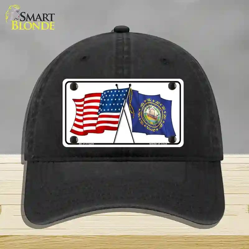HAT07-MLP-11489   Hampshire Crossed US Flag Novelty License Plate Hat, Unconstructed Cotton - Black