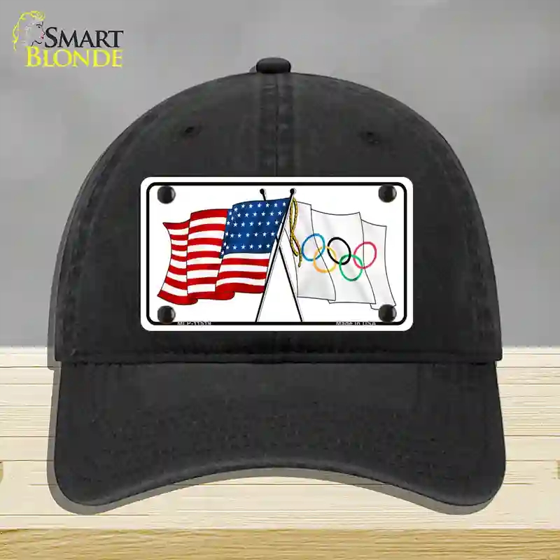 HAT07-MLP-11519 Olympic Crossed US Flag Novelty License Plate Hat, Unconstructed Cotton - Black