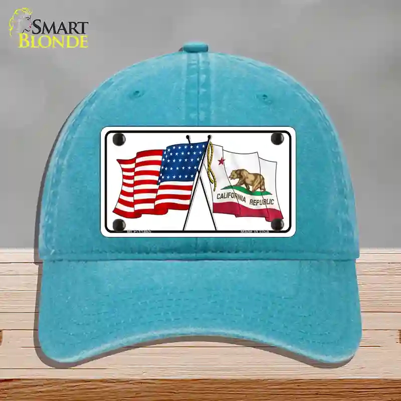 HAT10-MLP-11465 California Crossed US Flag Novelty License Plate Hat, Unconstructed Cotton - Lake Blue