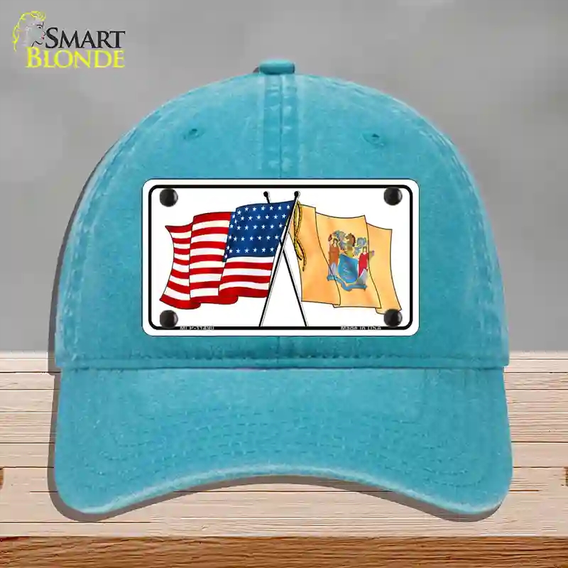 HAT10-MLP-11490   Jersey Crossed US Flag Novelty License Plate Hat, Unconstructed Cotton - Lake Blue