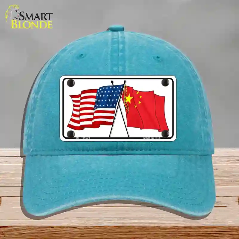 HAT10-MLP-11521 China Crossed US Flag Novelty License Plate Hat, Unconstructed Cotton - Lake Blue