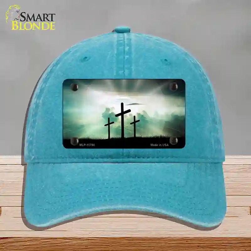 HAT10-MLP-11794 Crosses in the Sun Blue Novelty License Plate Hat, Unconstructed Cotton - Lake Blue