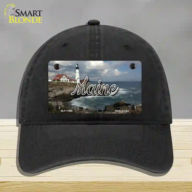 HAT07-MLP-11604 Maine Lighthouse Beach State Novelty License Plate Hat, Unconstructed Cotton - Black