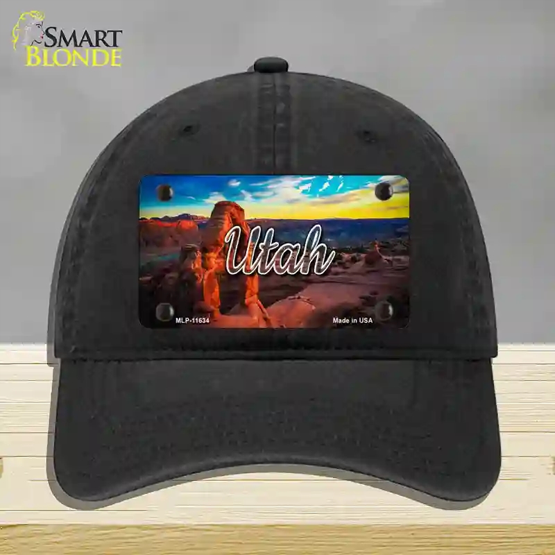 HAT07-MLP-11634 Utah Canyon Arch State Novelty License Plate Hat, Unconstructed Cotton - Black