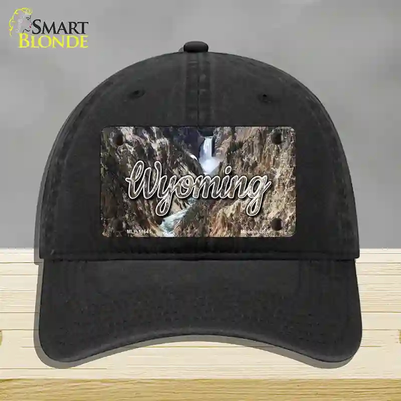 HAT07-MLP-11641 Wyoming Rocky Waterfall State Novelty License Plate Hat, Unconstructed Cotton - Black