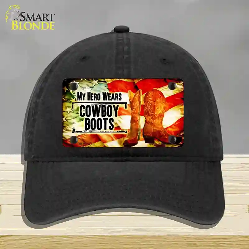 HAT07-MLP-11771 My Hero Wears Cowboy Boots Novelty License Plate Hat, Unconstructed Cotton - Black