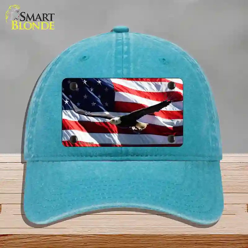 HAT10-MLP-11939 Soaring Eagle Flag Novelty License Plate Hat, Unconstructed Cotton - Lake Blue