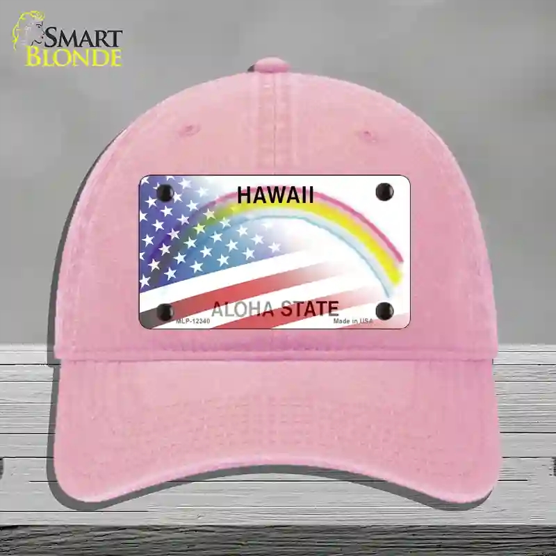 HAT12-MLP-12340 Hawaii with American Flag Novelty License Plate Hat, Unconstructed Cotton - Pink