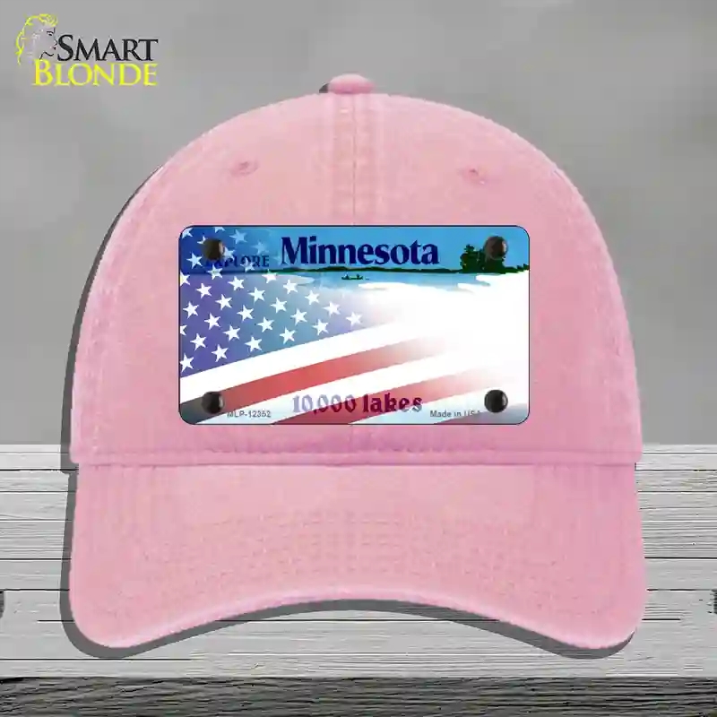 HAT12-MLP-12352 Minnesota with American Flag Novelty License Plate Hat, Unconstructed Cotton - Pink