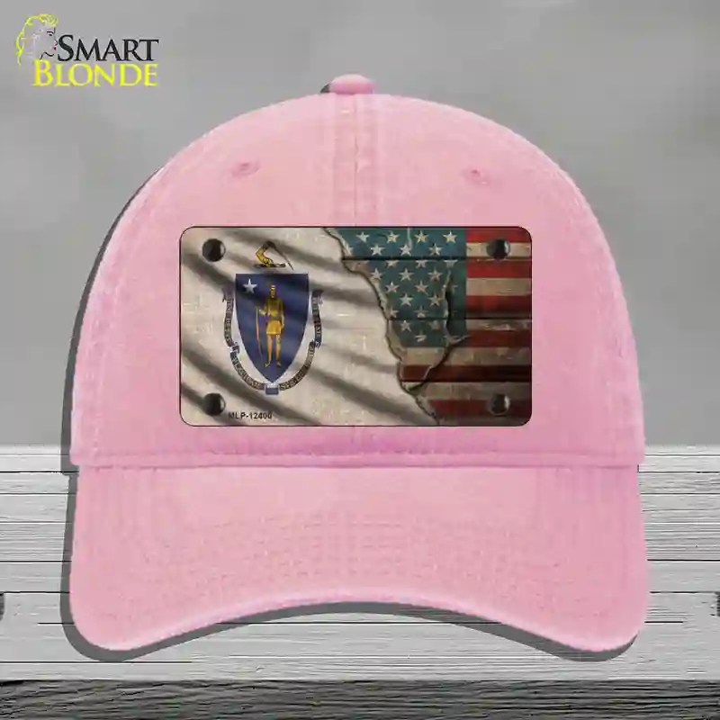 HAT12-MLP-12400 Massachusetts & American Flag Novelty License Plate Hat, Unconstructed Cotton - Pink