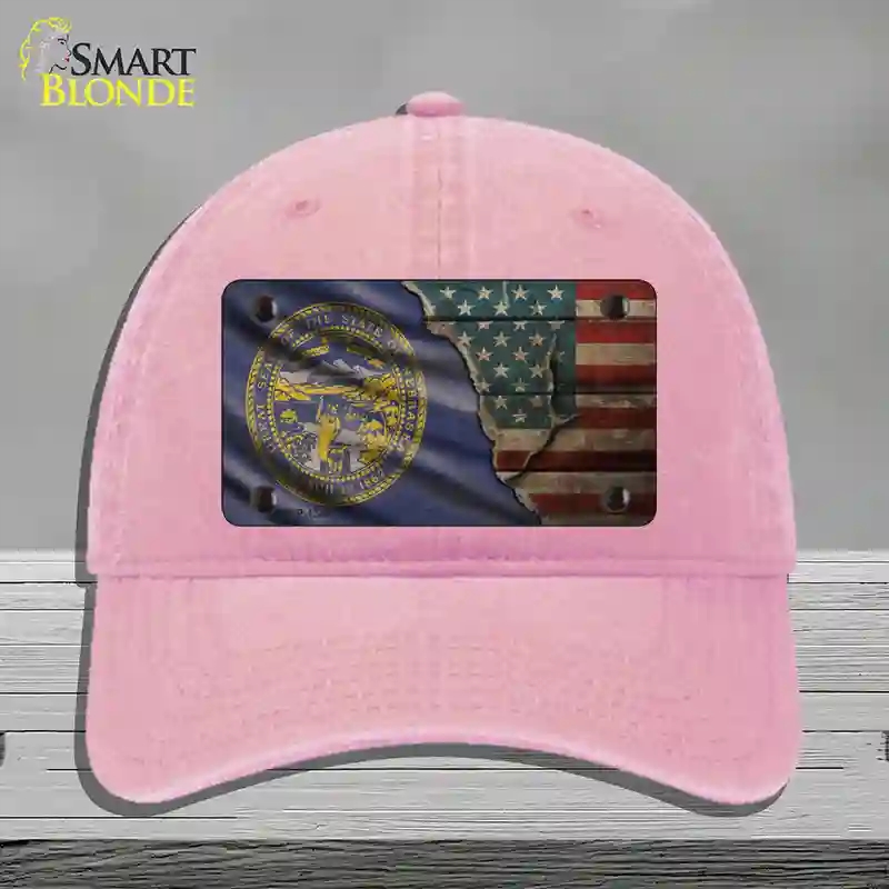 HAT12-MLP-12406 Nebraska & American Flag Novelty License Plate Hat, Unconstructed Cotton - Pink
