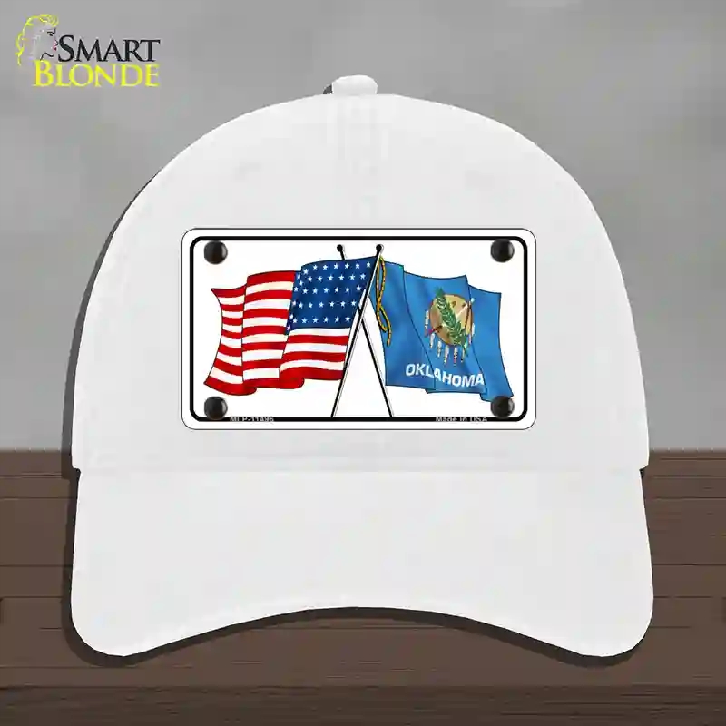 HAT14-MLP-11496 Oklahoma Crossed US Flag Novelty License Plate Hat, Unconstructed Cotton - White