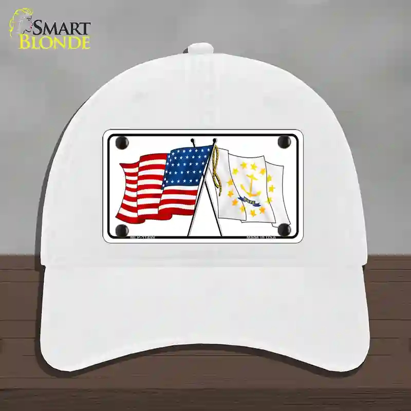 HAT14-MLP-11499 Rhode Island Crossed US Flag Novelty License Plate Hat, Unconstructed Cotton - White
