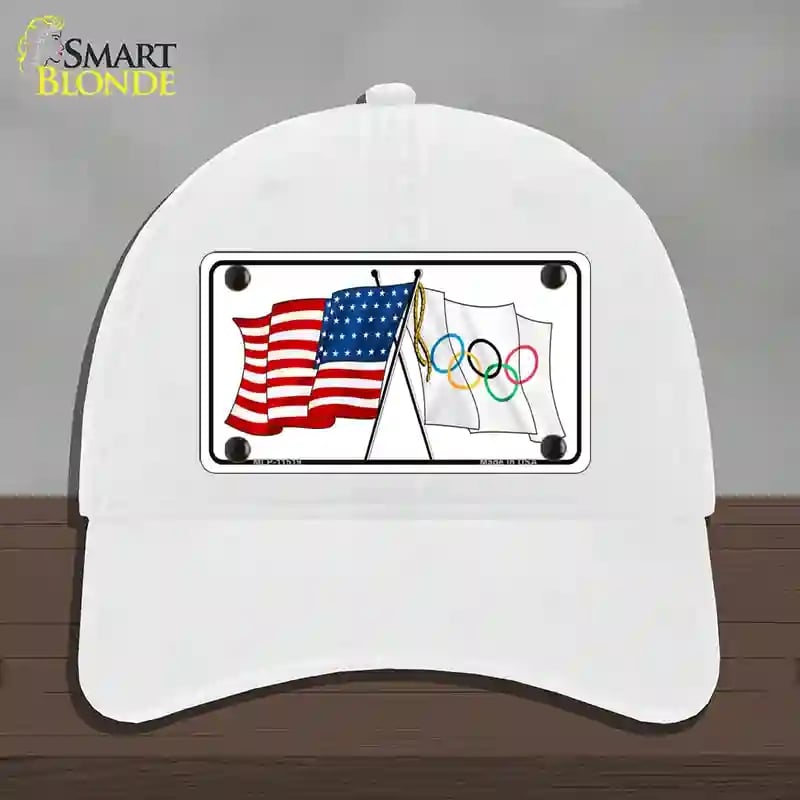 HAT14-MLP-11519 Olympic Crossed US Flag Novelty License Plate Hat, Unconstructed Cotton - White