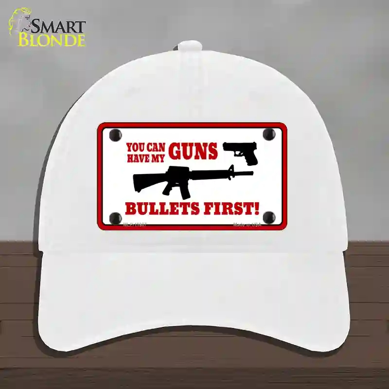 HAT14-MLP-11907 Bullets First Novelty License Plate Hat, Unconstructed Cotton - White