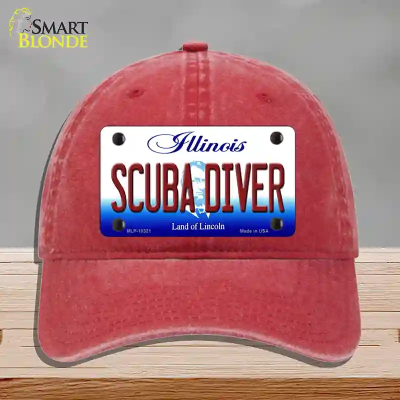 HAT13-MLP-10321 Scuba Diver Illinois Novelty License Plate Hat, Unconstructed Cotton - Red