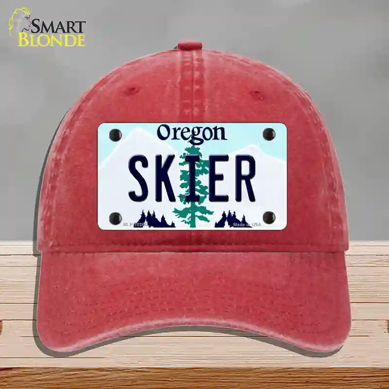 HAT13-MLP-10364 Skier Oregon Novelty License Plate Hat, Unconstructed Cotton - Red