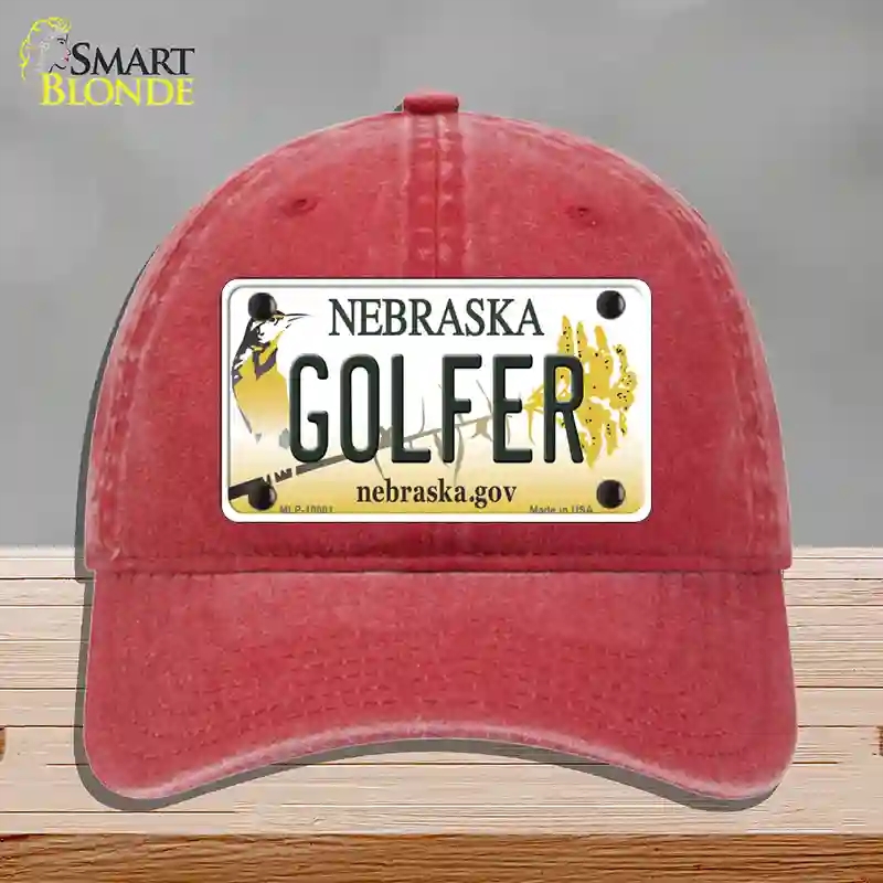 HAT13-MLP-10601 Golfer Nebraska Novelty License Plate Hat, Unconstructed Cotton - Red